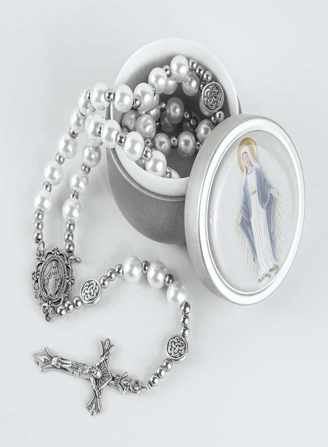 SUTANALE 8mm Glass Pearl Rosary Necklace for Women - Catholic Prayer Beads with Gift Box, Handmade Religious Jewelry for Baptism, First Communion (White) - Image 2